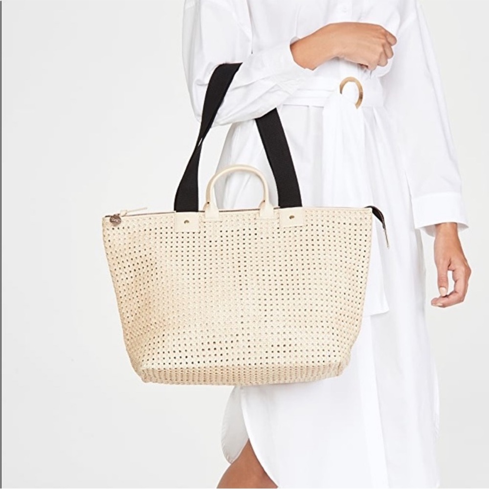 Clare V. Le Zip Sac Leather Tote Bag Cream Rattan